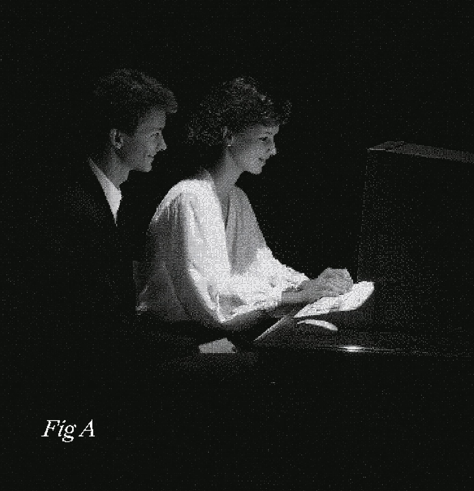 Two people working together at a softly glowing screen (Fig A)