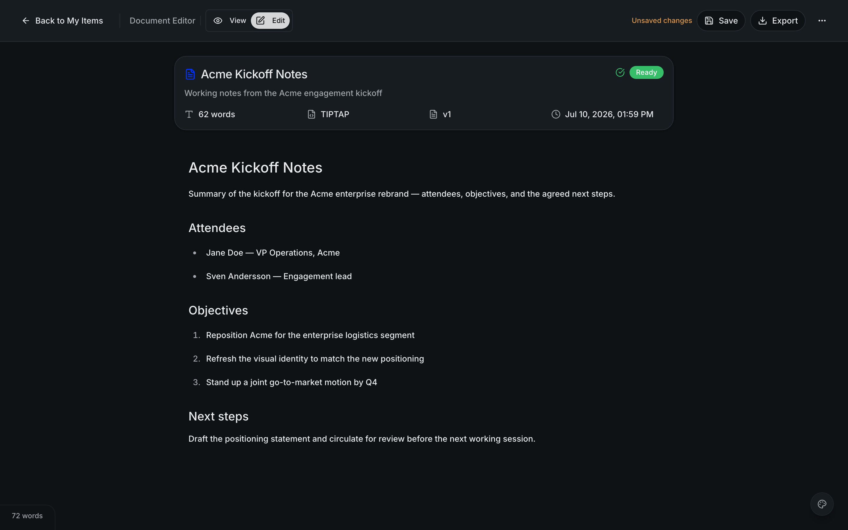 A document open in the editor, with formatting controls.